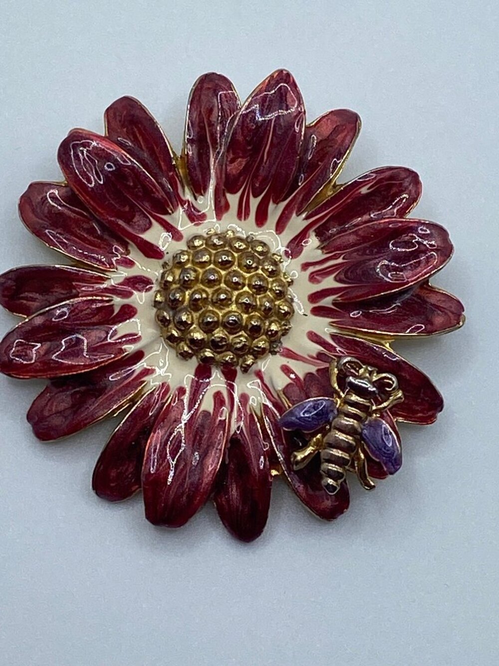 Vintage M.Jent enameled flower with bee brooch!